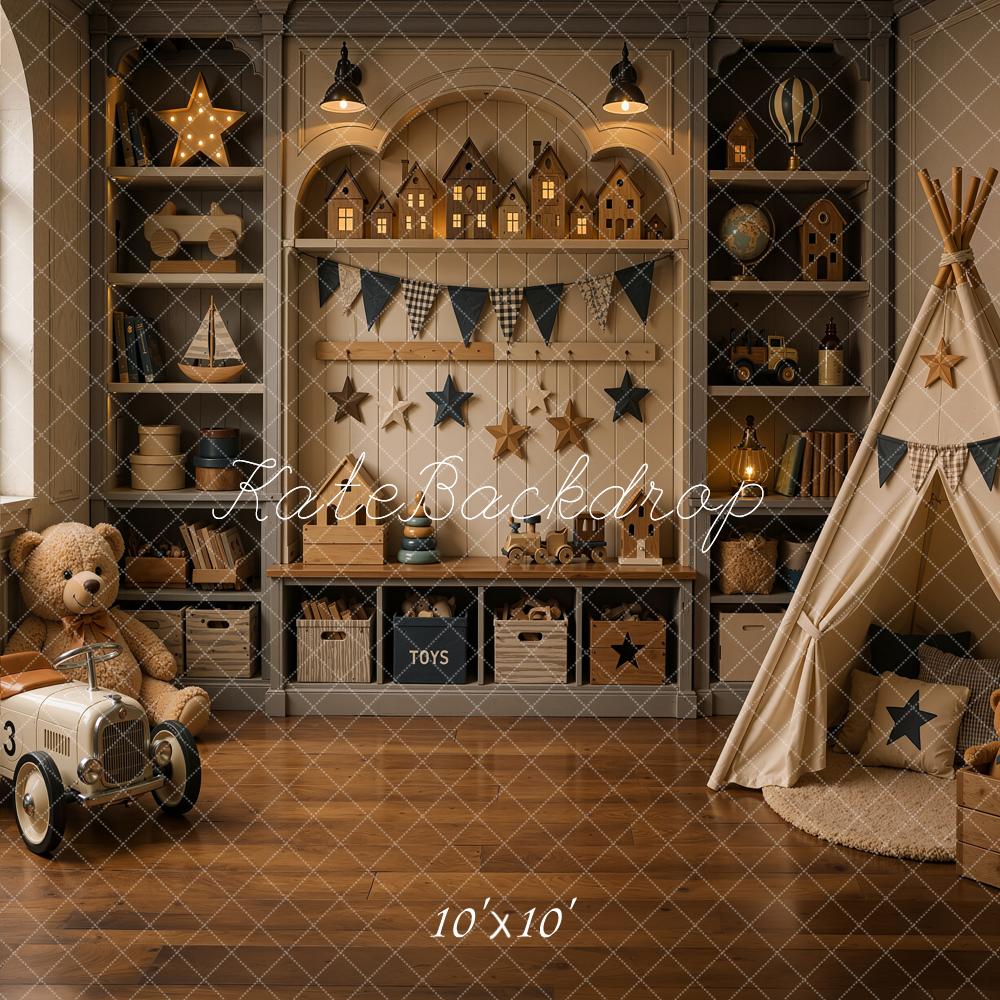 Kate Dreamy Brown Nursery Teepee Toy Room Printed Backdrop Designed by Shutter Swan Studios