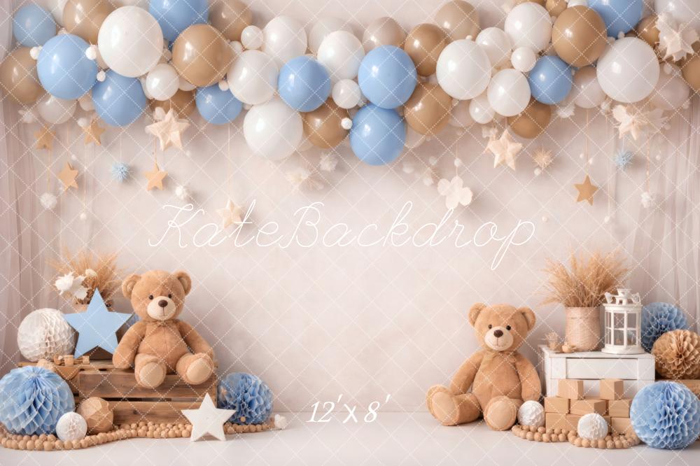 Kate Cake Smash Teddy Bear Blue Brown Balloons Stars Printed Backdrop Designed by Vertigo Productions