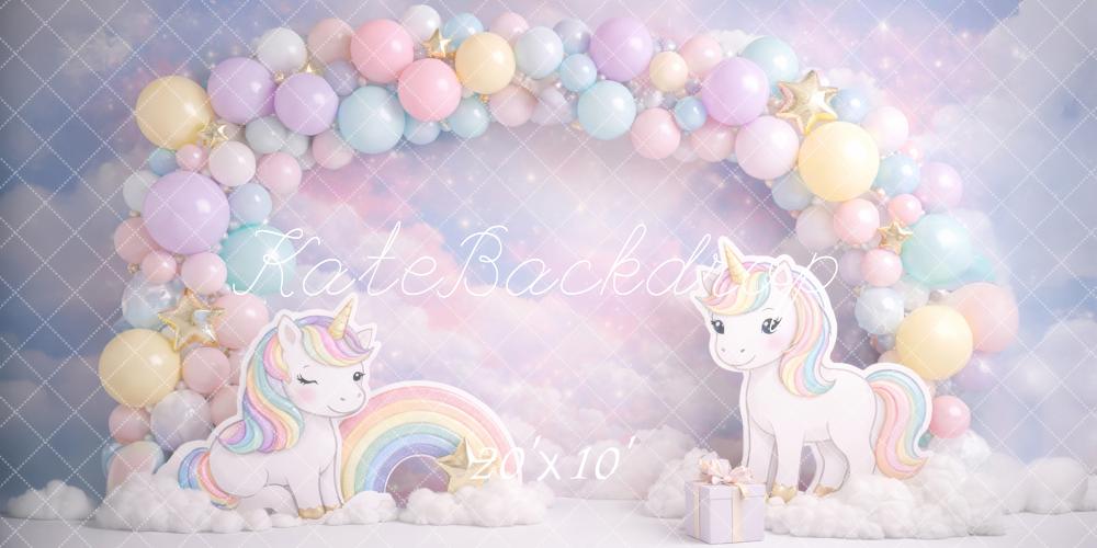 Kate Cake Smash Unicorn Rainbow Pastel Balloon Arch Clouds Backdrop Designed by Megan Leigh Photography