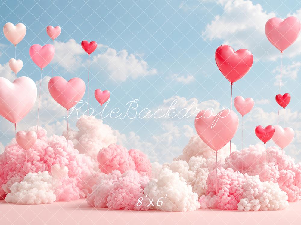 Kate Valentine's Day Heart Balloons Pink Clouds Sky Printed Backdrop Designed by Angela Miller