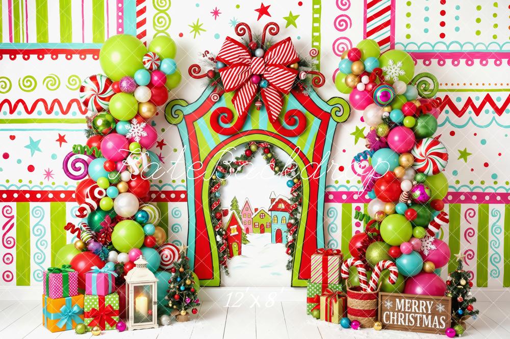 Kate Christmas Cake Smash Whimsical Candyland Balloon Arch Presents Printed Backdrop Designed by Patty Roberts