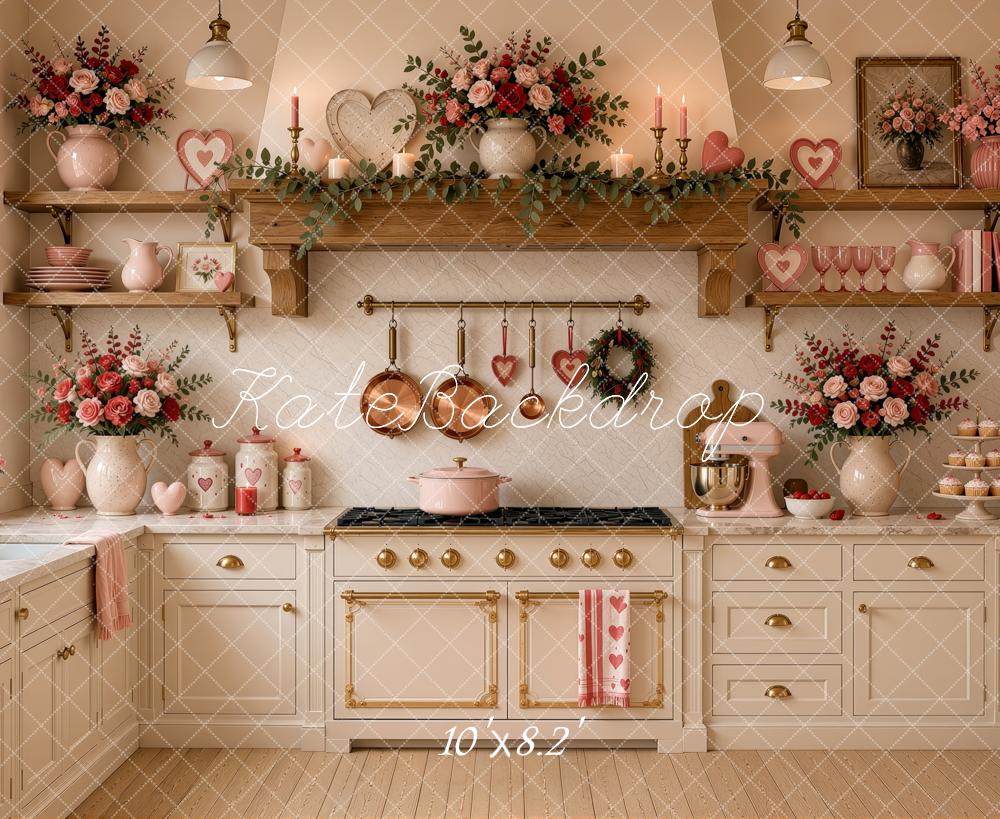Kate Valentine's Day L-shaped Kitchen Floral Heart White Cabinets Printed Backdrop Designed by Ashley Ward