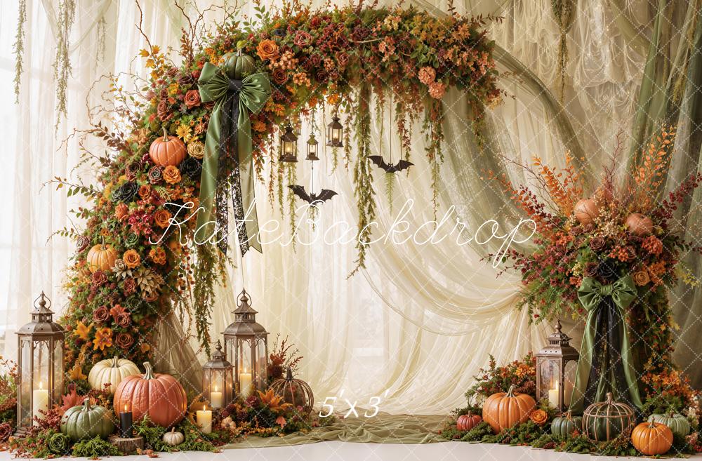 Kate Halloween Fall Green Drapes Pumpkins Flower Arch Lanterns Printed Backdrop Designed by Emetselch