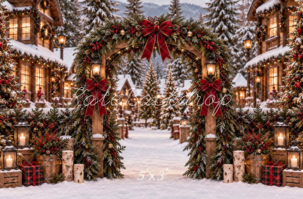 Kate Christmas Snowy Village Arch Garland Red Bow Printed Backdrop Designed by Ashley Paul