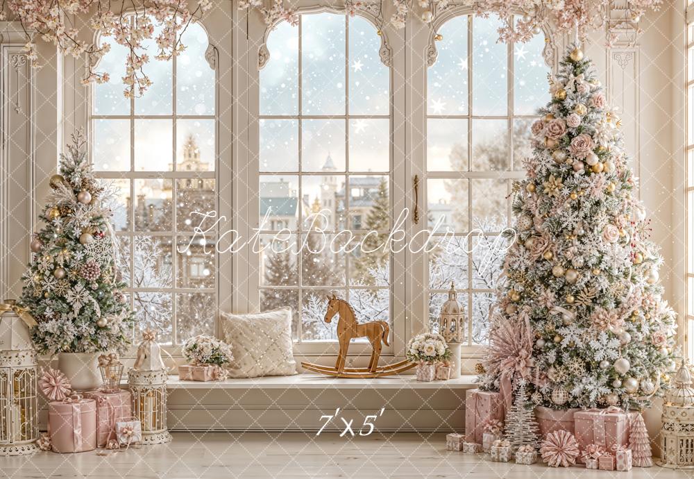 Kate Christmas Frosted Tree Pink Gifts Window Rocking Horse Backdrop Designed by Emetselch