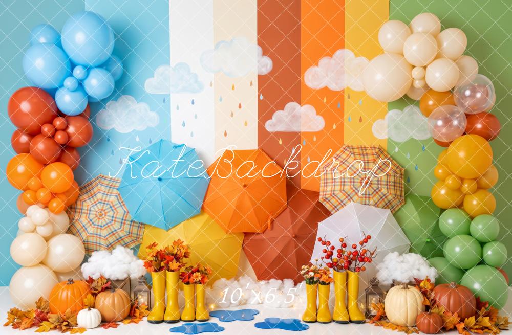 Kate Fall Birthday Rainbow Umbrellas Balloons Pumpkins Printed Backdrop Designed by Patty Roberts