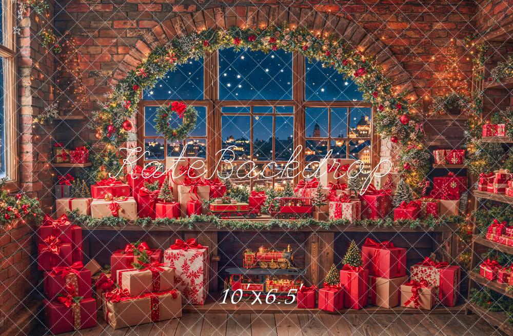 Kate Christmas Gift Room Arched Window Garland Brick Wall Backdrop Designed by Emetselch