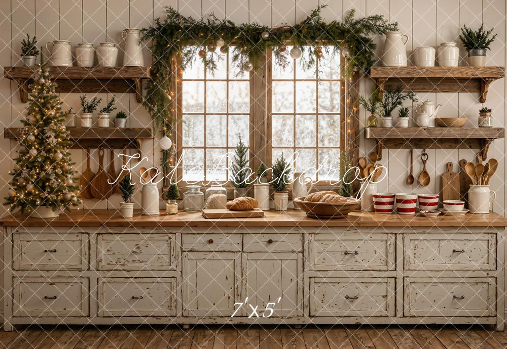 Kate Christmas Kitchen Window Garland Rustic Wooden Shelves Bread Printed Backdrop Designed by Emetselch