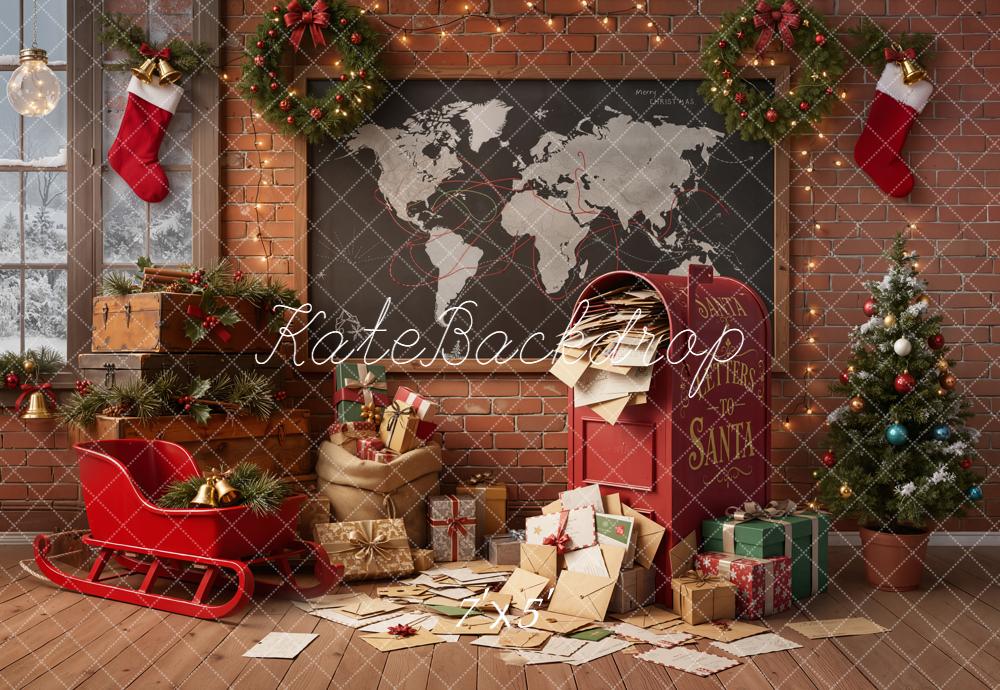 Kate Christmas Santa's Workshop Letters Sleigh Gifts Red Brick Wall Backdrop Designed by Emetselch