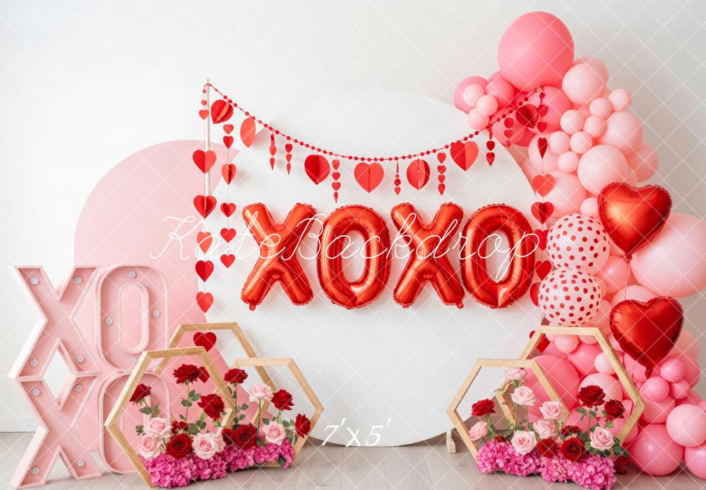 Kate Valentine's Day XOXO Balloons Hearts Pink Flowers Backdrop Designed by Patty Roberts