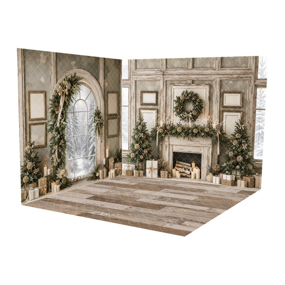 Kate Christmas Vintage Fireplace Wreath Trees Gifts Arched Window Printed Backdrop Room Set