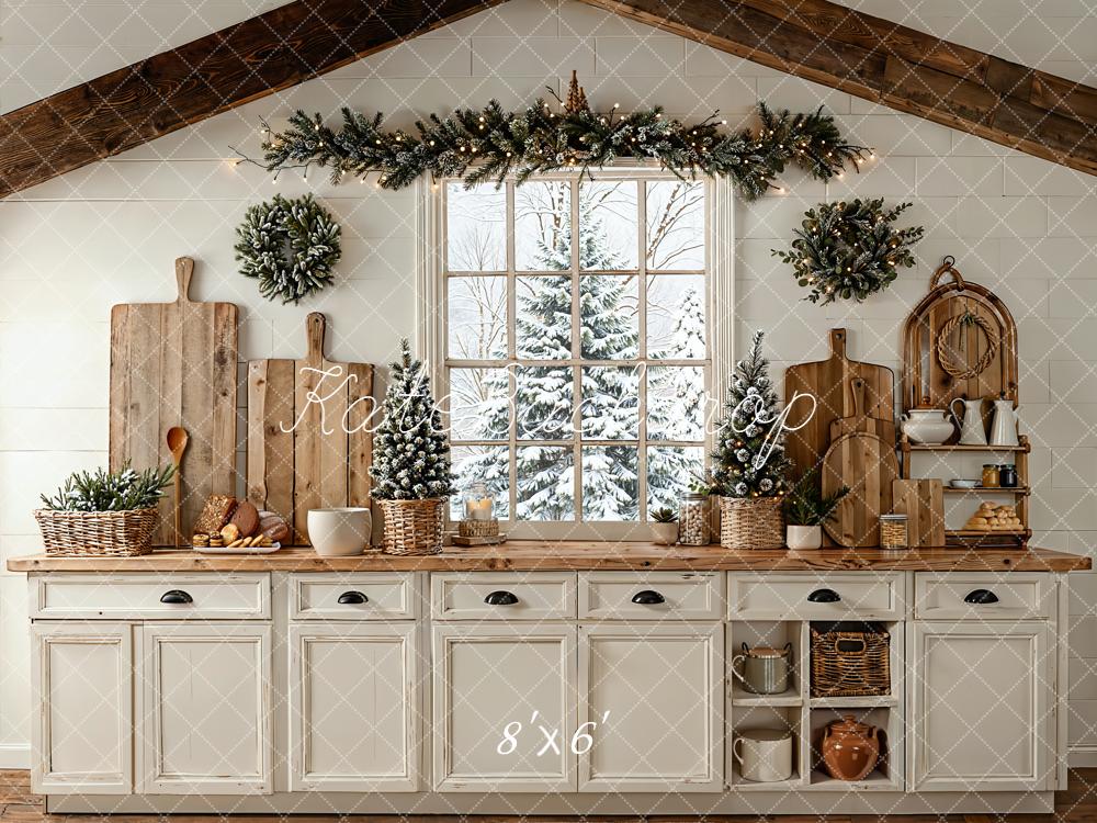 Kate Christmas Kitchen Window Garland Wreaths Rustic White Backdrop Designed by Emetselch