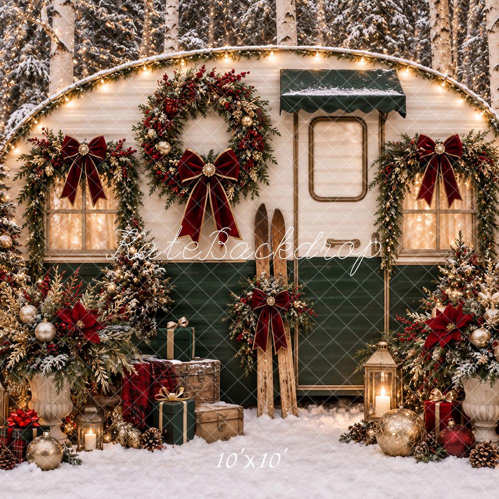 Kate Christmas Camper Snowy Forest Wreaths Red Bows Printed Backdrop Designed by Ashley Paul