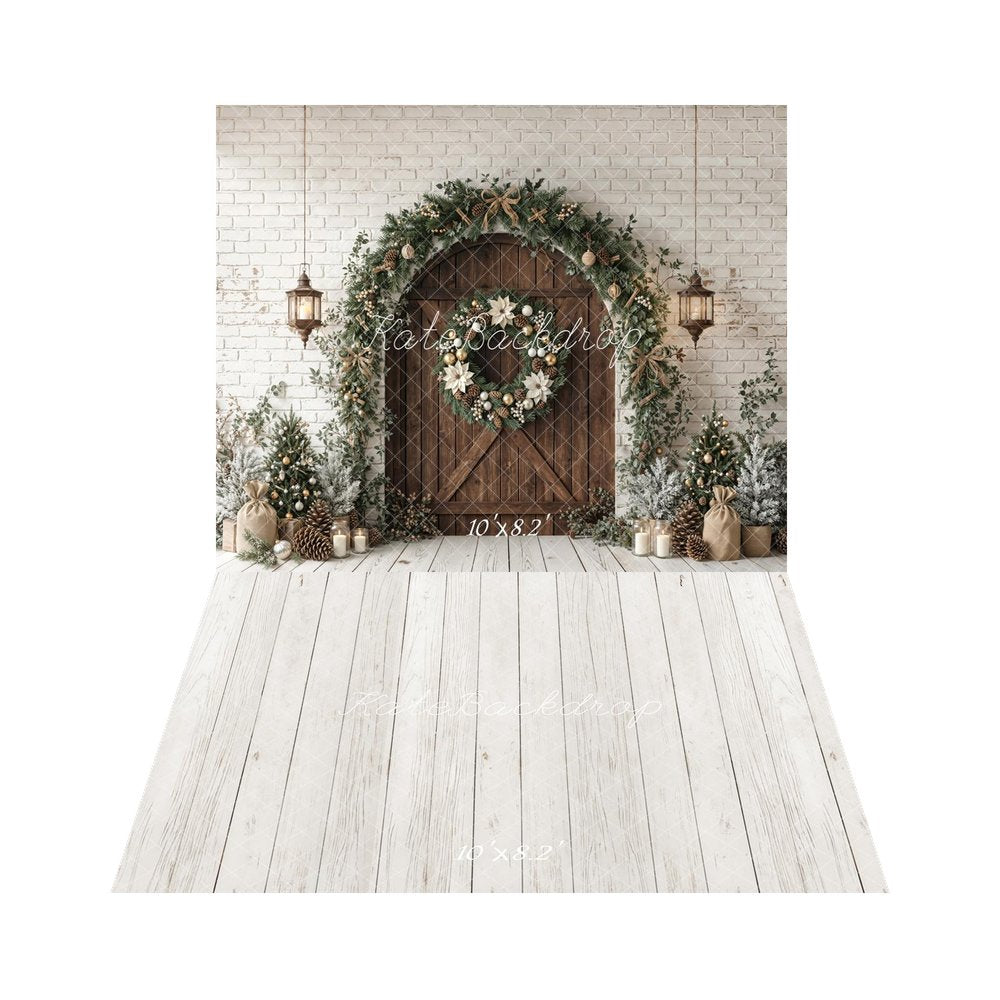 Kate Christmas Pine Arch Wreath Rustic Door Backdrop+White Wood Retro Wall Backdrop