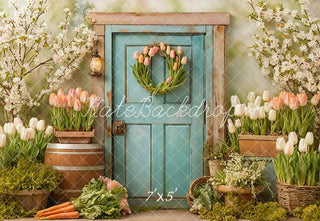 Kate Spring Blue Door Tulips Flower Garden Printed Backdrop Designed by Emetselch