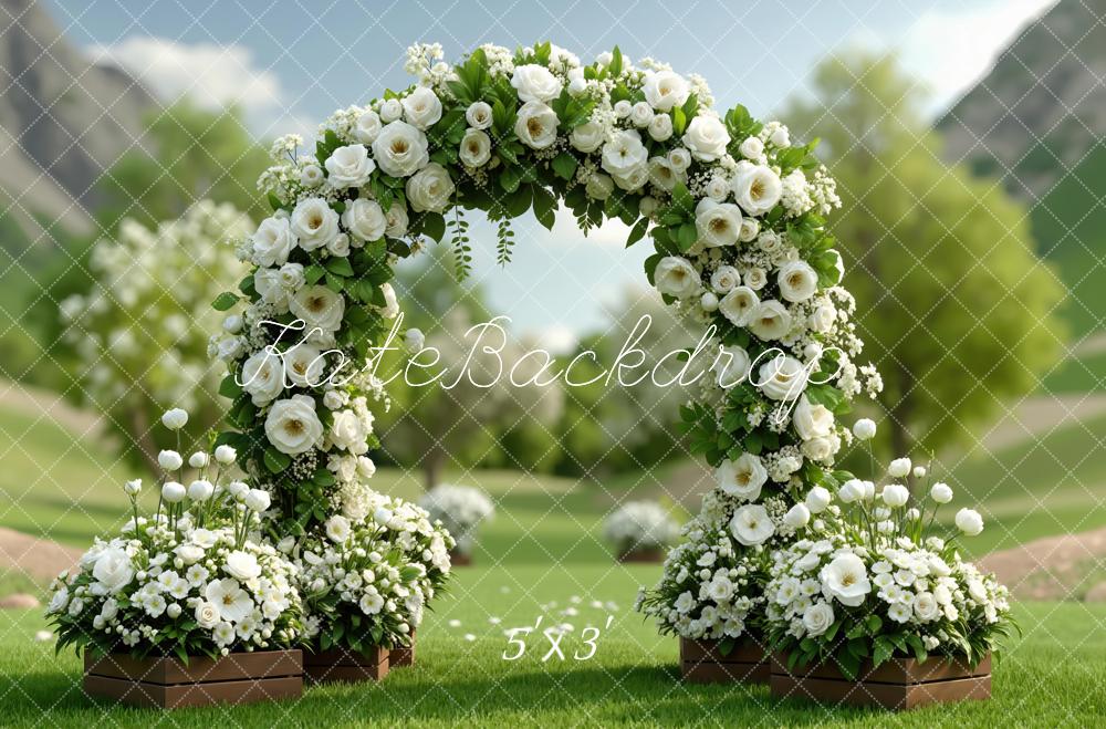 Kate Spring Flower Arch White Roses Garden Printed Backdrop Designed by Mini MakeBelieve