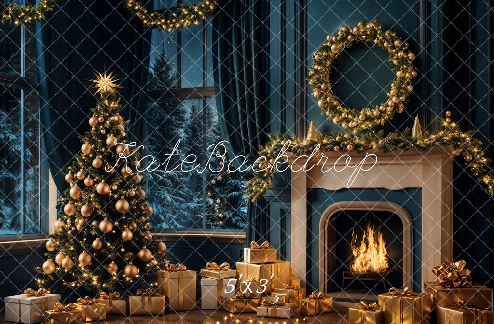 Kate Christmas Tree Night Fireplace Retro Backdrop Designed by Emetselch
