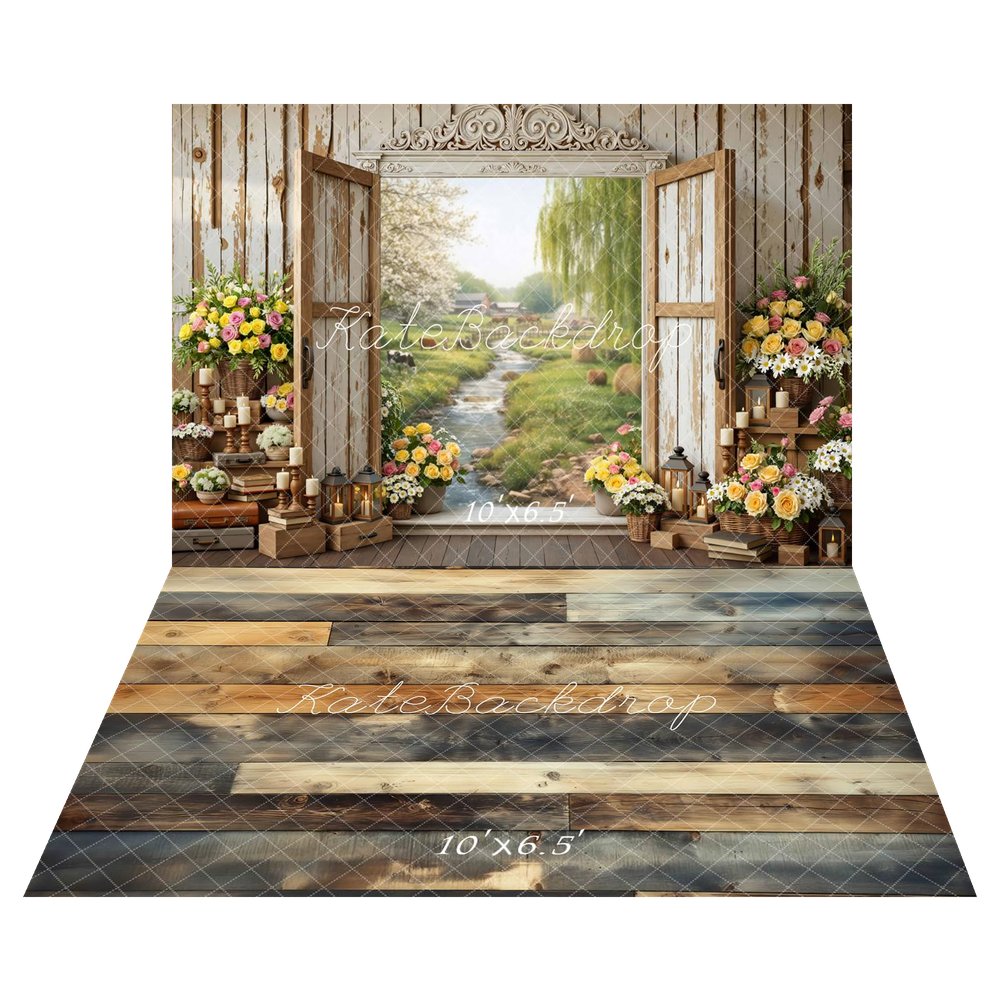 Kate Spring Rustic Door Spring Flowers River View Backdrop+Rustic Wood Plank Floor Backdrop
