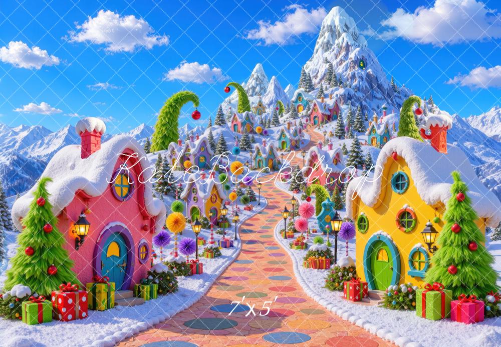 Kate Christmas Whimsical Whoville Candy Village Snowy Mountains Printed Backdrop Designed by Mini MakeBelieve