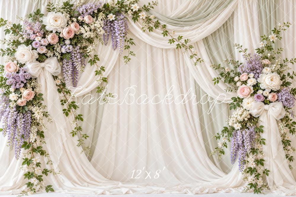 Kate Spring Floral Elegant White Drapes Bow Printed Backdrop Designed by Emetselch