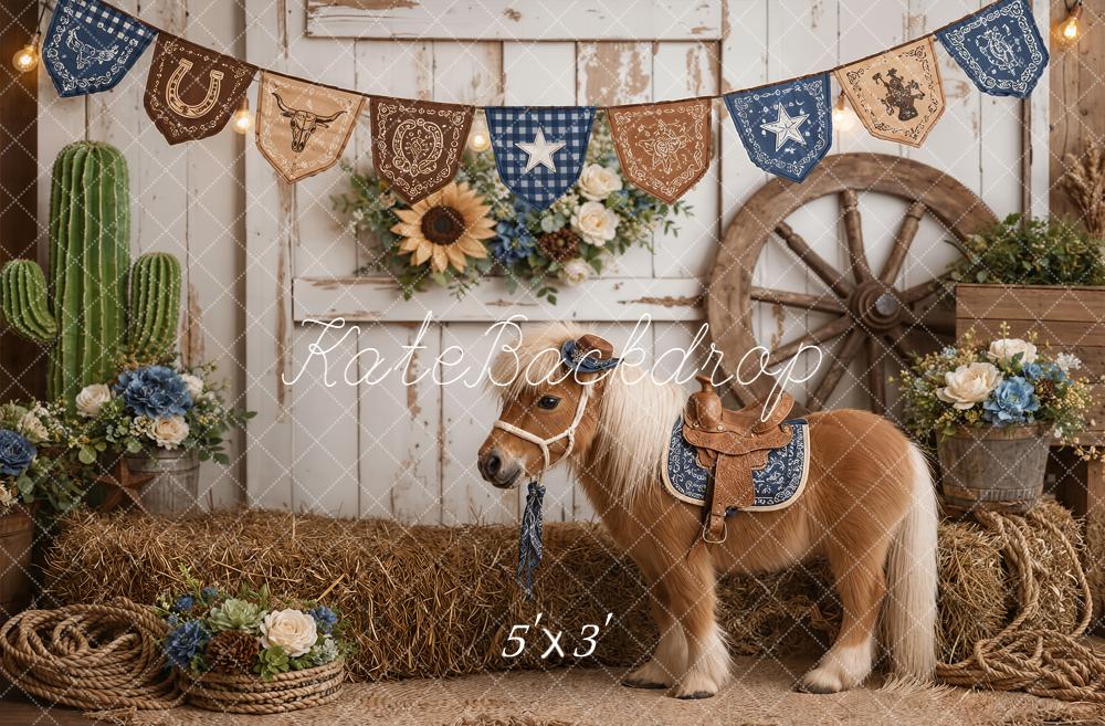 Kate Western Barn Pony Hay Bales Cactus Wagon Wheel Printed Backdrop Designed by Emetselch