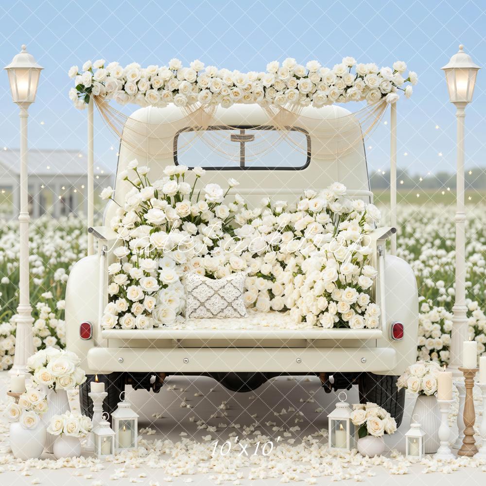 Kate Spring Wedding White Truck Flower Arch Lanterns Flowers Backdrop Designed by Mini MakeBelieve