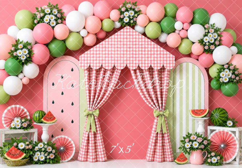Kate Cake Smash Summer Watermelon Balloon Flowers Gingham Curtain Printed Backdrop Designed by Shutter Swan Studios