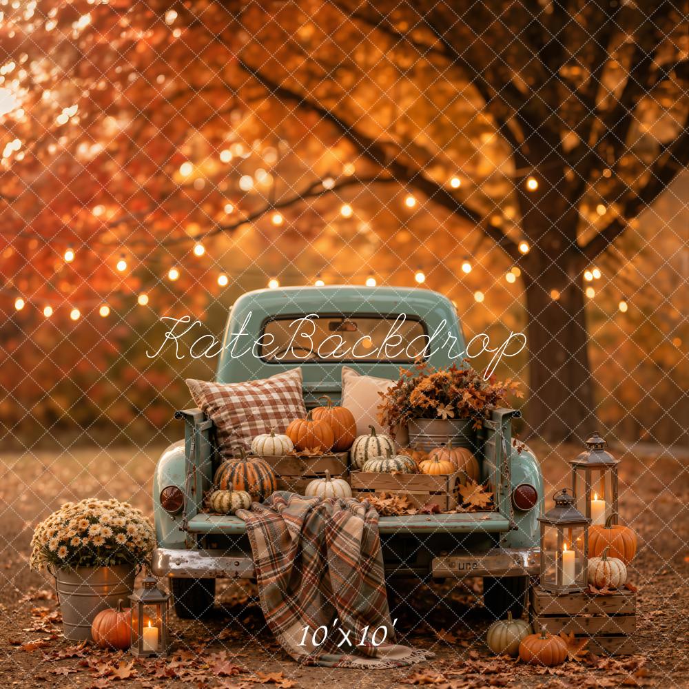 Kate Fall Vintage Truck Plaid Blanket Pumpkins Lanterns Forest  Printed Backdrop Designed by Emetselch
