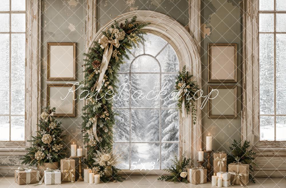 Kate Christmas Vintage Evergreen Garland Arch Snowy Window Printed Backdrop Designed by Emetselch