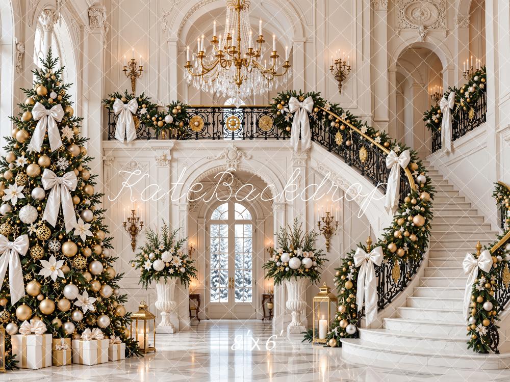 Kate Christmas Tree White Bow Grand Staircase Luxury Mansion Printed Backdrop Designed by Emetselch