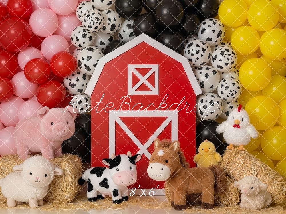 Kate Cake Smash Barn Farm Animals Balloons Printed Backdrop Designed by Emetselch