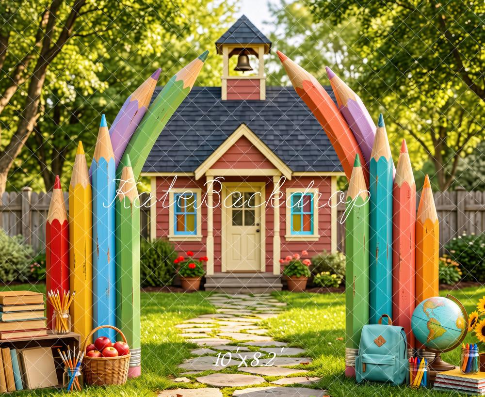 Kate Back To School Colored Pencils Schoolhouse Printed Backdrop Designed by Patty Roberts
