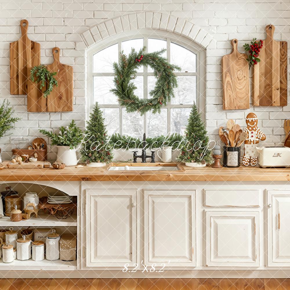 Kate Christmas Kitchen Cabinet Window Wreath Trees Wooden Cutting Boards Backdrop Designed by Emetselch