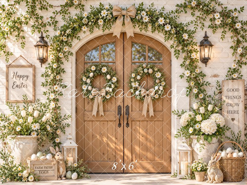 Kate Easter Wood Door Flower Arch Farmhouse Bunny Printed Backdrop Designed by Emetselch