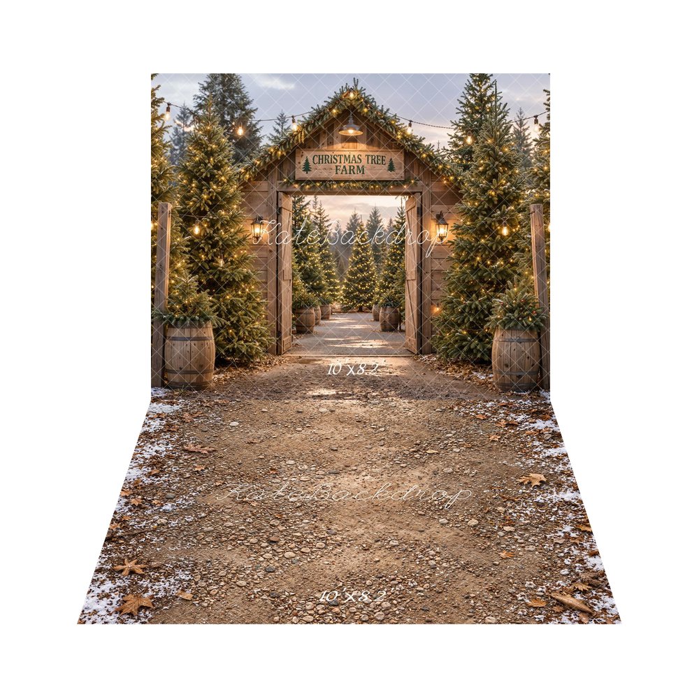 Kate Christmas Tree Farm Gate Wood Rustic Printed Backdrop+Winter Snowy Dirt Path Withered Leaves Floor Printed Backdrop