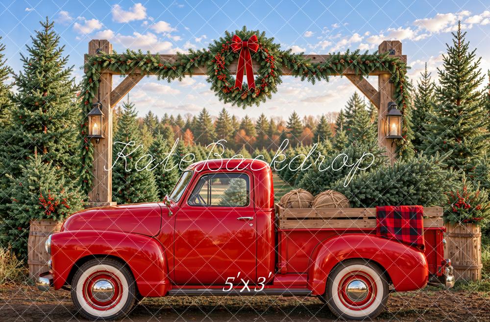 Kate Christmas Farm Red Truck Wreath Rustic Arch Printed Backdrop Designed by Emetselch