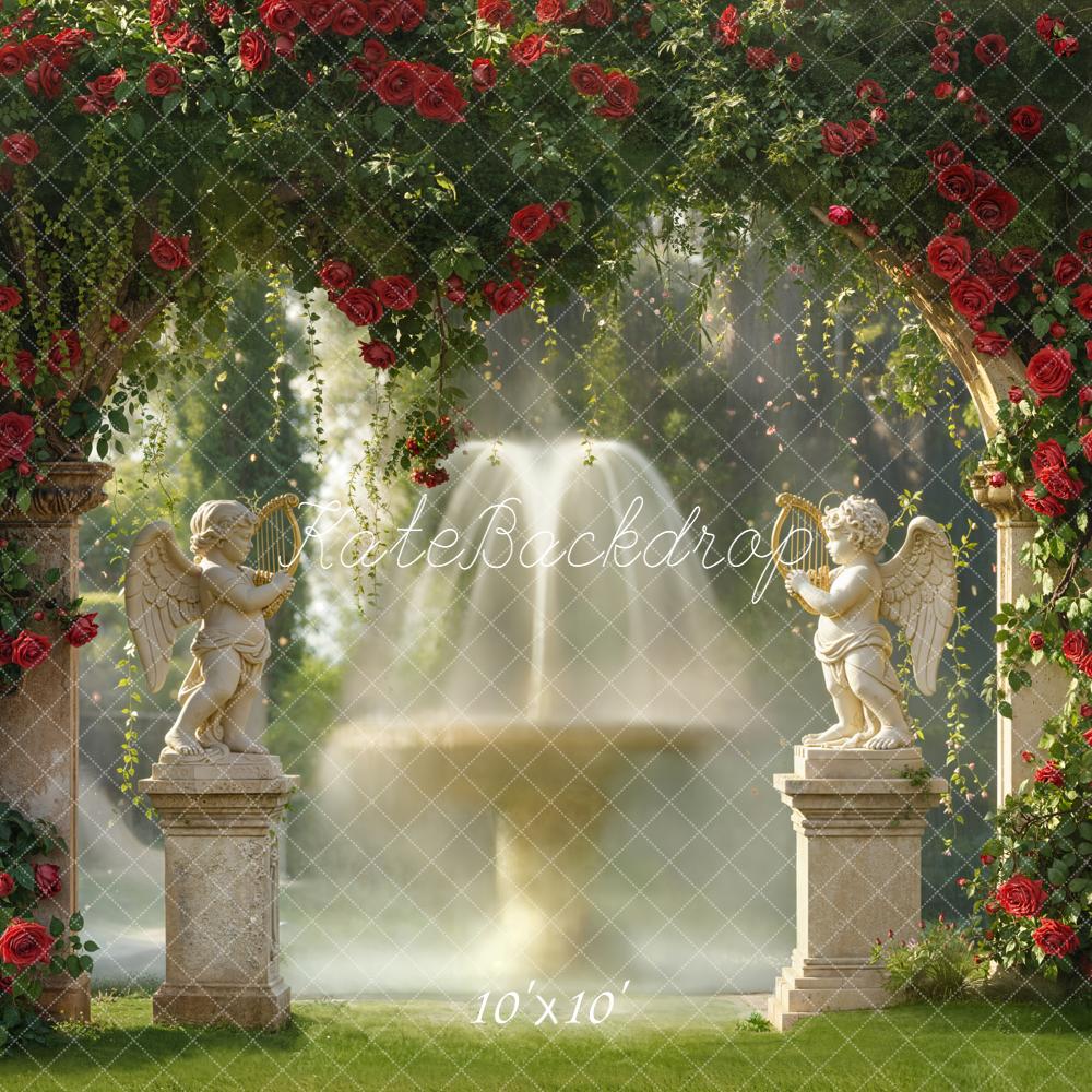 Kate Spring Red Rose Arch Angel Statues Fountain Garden Backdrop Designed by Emetselch