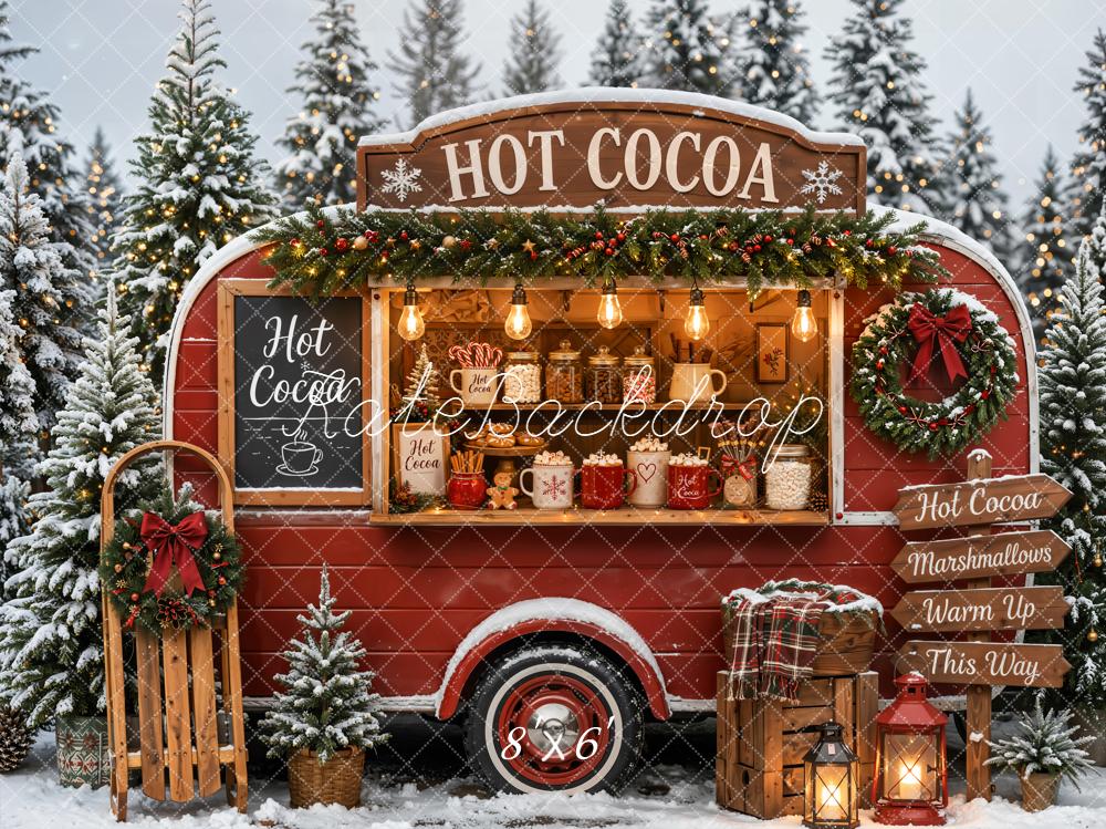 Kate Christmas Hot Cocoa Red Camper Van Snowy Forest Printed Backdrop Designed by Emetselch