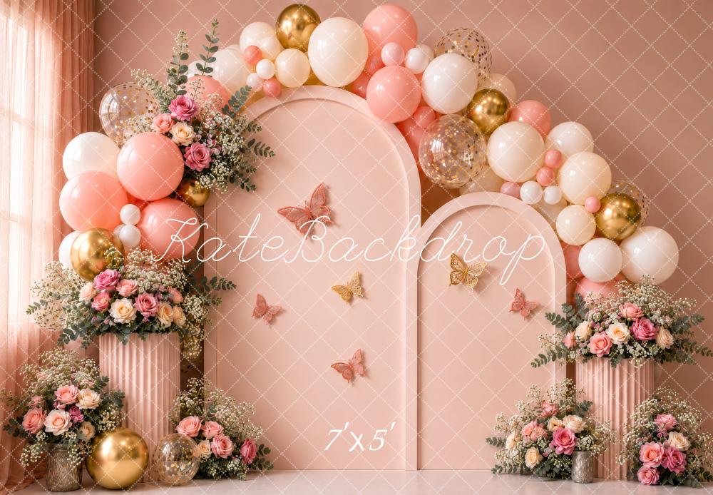 Kate Birthday Pink Balloon Arch Floral Butterflies Printed Backdrop Designed by Shutter Swan Studios