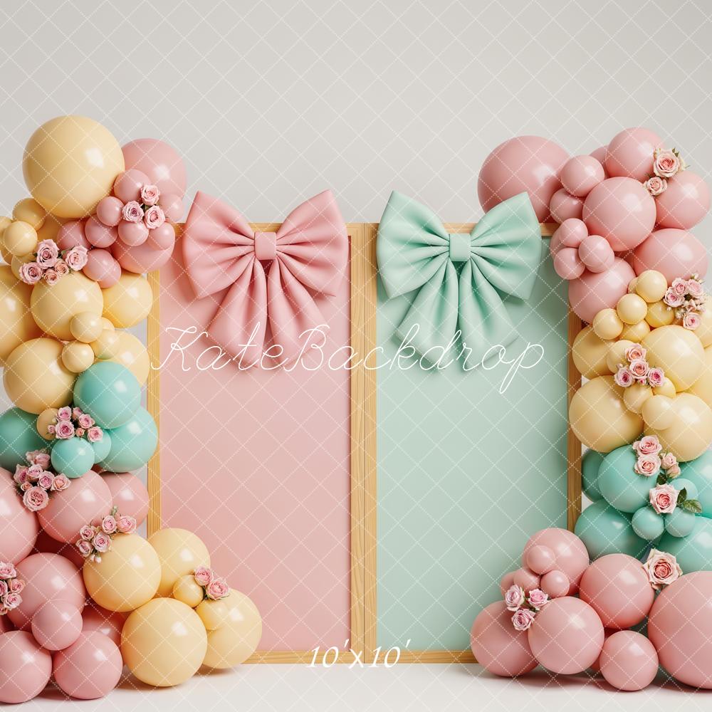 Kate Cake Smash Pastel Balloon Arch Flowers Bows Printed Backdrop Designed by Patty Roberts