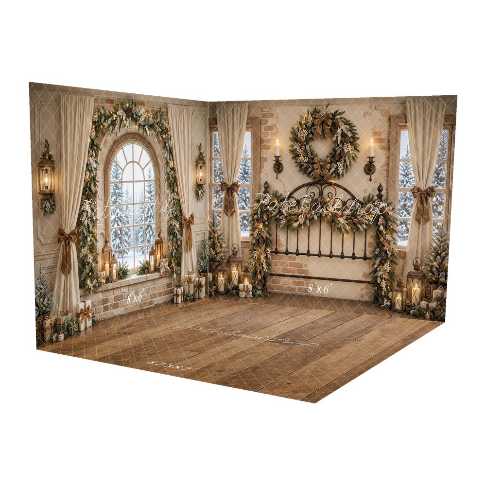 Kate Christmas Wrought Iron Headboard Wreath Garland Window Printed Backdrop Room Set