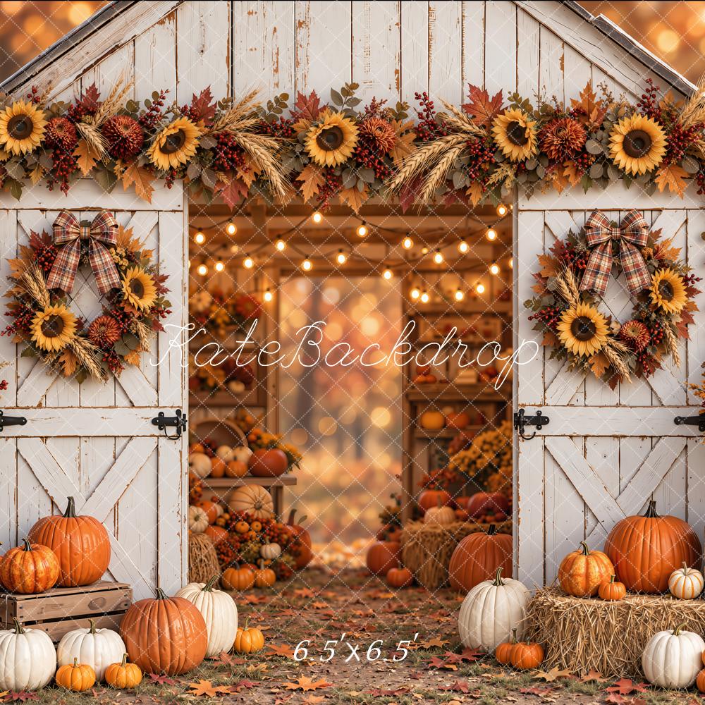Kate Fall Barn Door Sunflower Wreath Pumpkin Maple Printed Backdrop Designed by Emetselch
