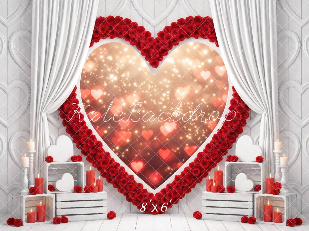Kate Red Heart Roses White Curtains Candles Backdrop Designed by Mini MakeBelieve