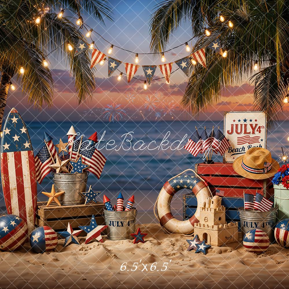 Kate 4th Of July Beach Surfboard Palm Trees Flags Fireworks Printed Backdrop Designed by Emetselch
