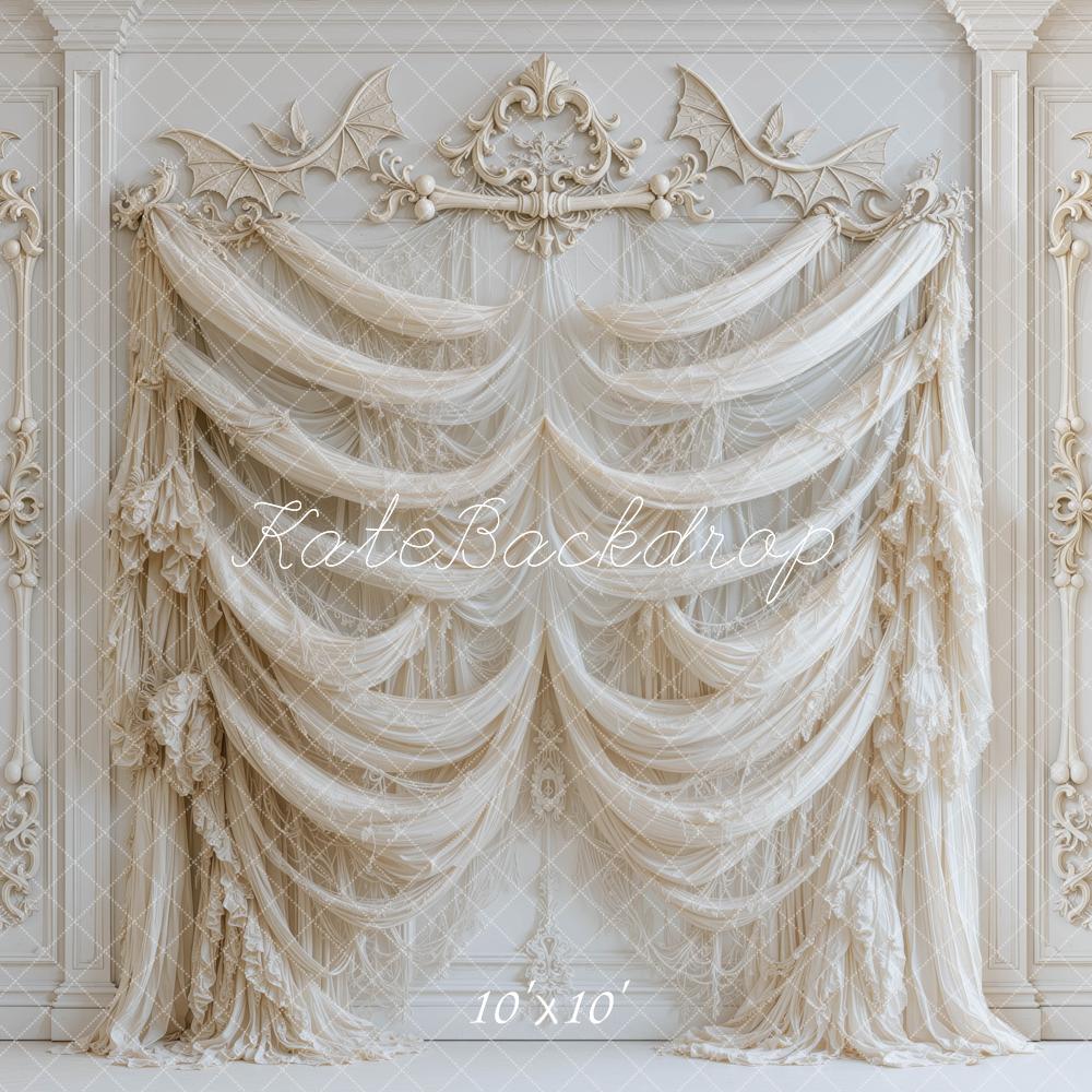 Kate Halloween Ivory Drapery Ornate Bone Wall Printed Backdrop Designed by Mini MakeBelieve