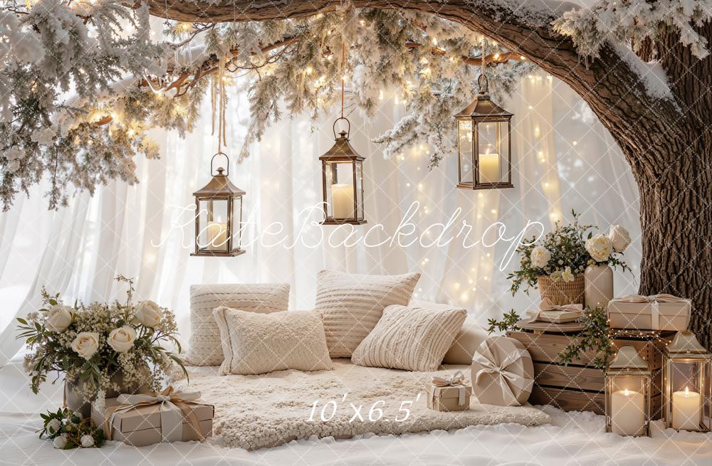 Kate Christmas Branch Arch Snowy Tree Lanterns Pillows Gifts Printed Backdrop Designed by Emetselch
