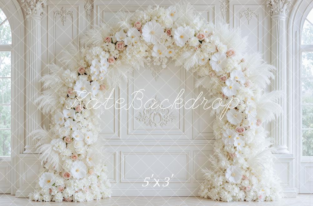 Kate Romantic White Flower Feathers Arch Ornate Wall Printed Backdrop Designed by Mini MakeBelieve
