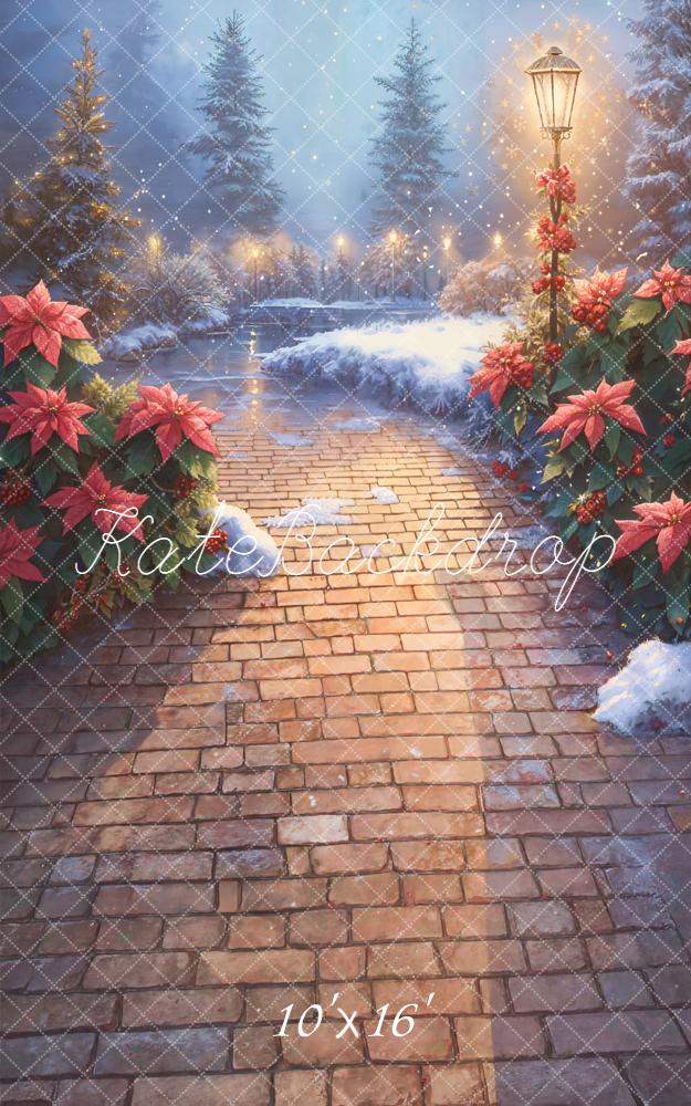 Kate Sweep Christmas Snowy Brick Path Poinsettia Lamp Post Backdrop Designed by Emetselch