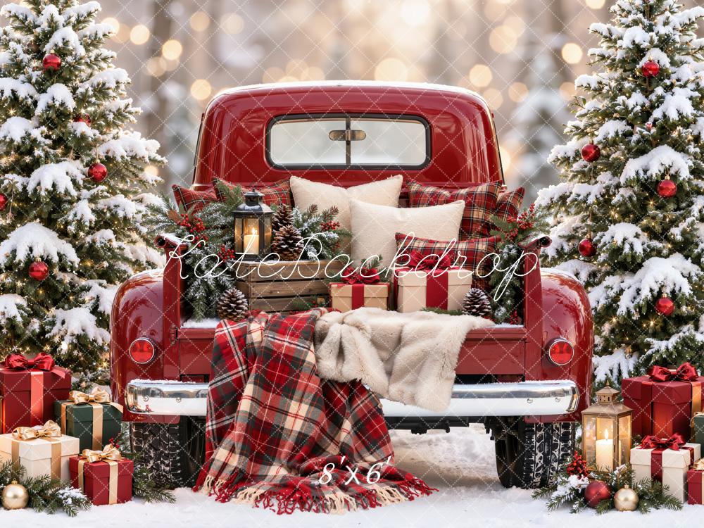 Kate Christmas Red Vintage Truck Snowy Trees Plaid Blanket Printed Backdrop Designed by Emetselch