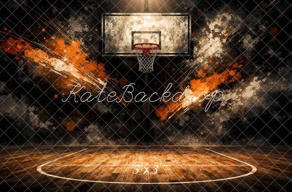 Kate Sports Basketball Court Hoop Orange Splash Backdrop Designed by Mini MakeBelieve